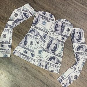 Money Print Off The Shoulder Sweetheart Corset Long Sleeve Top